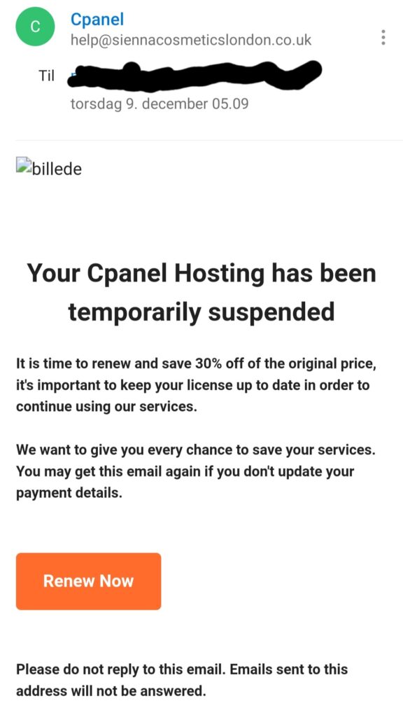 cPanel Phishing mail
